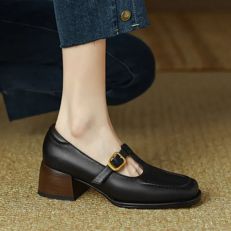 Céleste Fontarrive | Women's T-Strap Mary Jane Flats Square Toe Low Block Heel