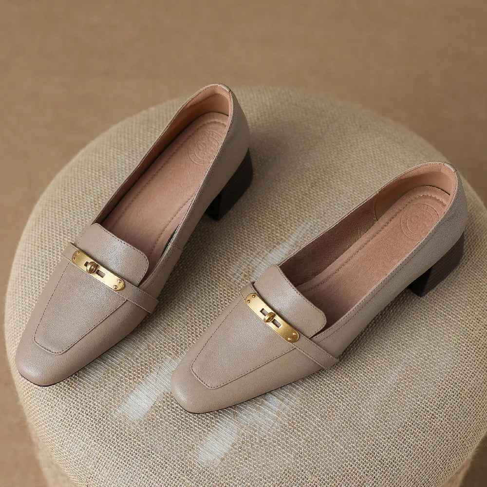 Vivienne Lacombe | Brown Genuine Leather Low Block Heel Loafers