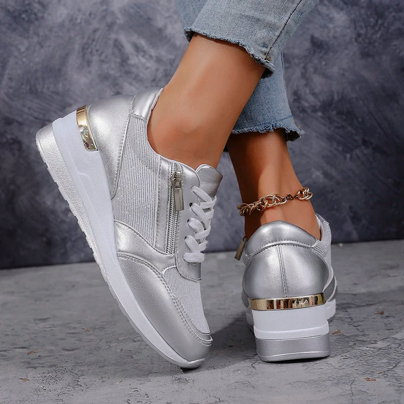 Marguerite Solvaine | Silver Metallic Platform Sneakers with Side Zipper
