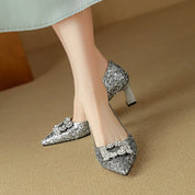 Estelle Ravenswood | Gold Glitter Block Heel Pumps with Crystal Buckle