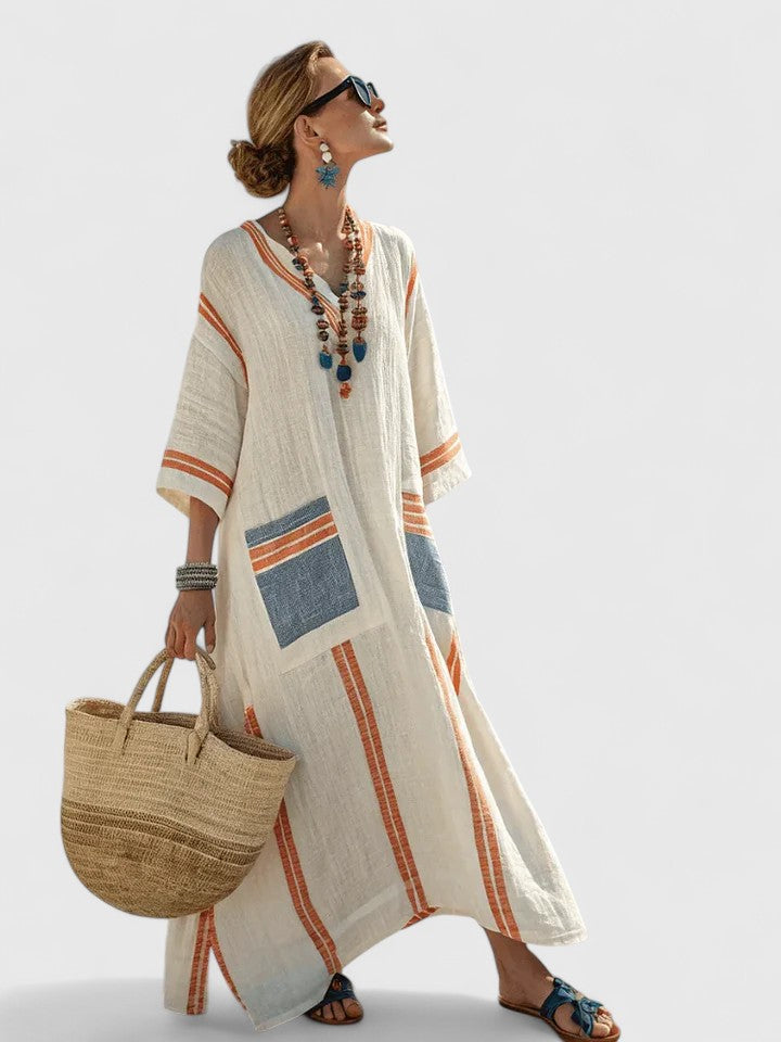 Margaux Bellerive | V-Neck Kaftan Maxi Dress with Stripe Detail