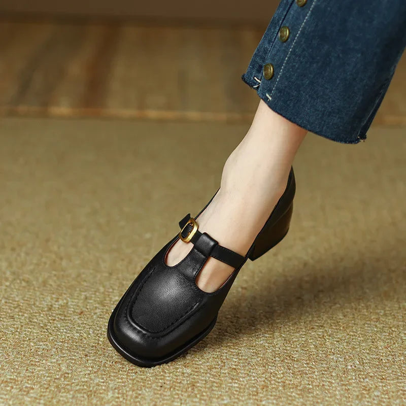 Céleste Fontarrive | Women's T-Strap Mary Jane Flats Square Toe Low Block Heel