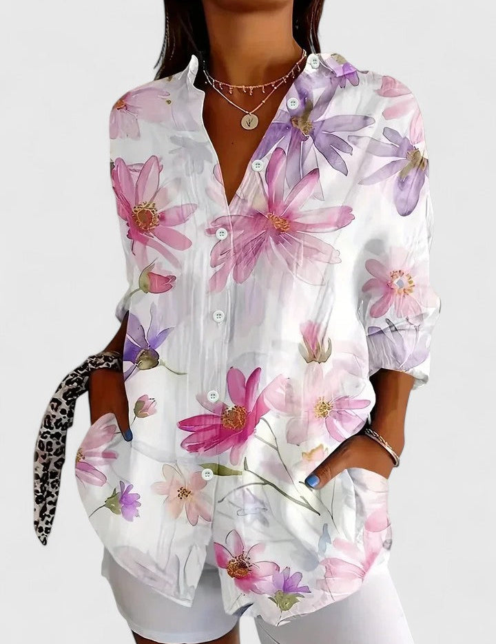 Vivette Sanclair | Colorful Floral Print Long Sleeve Button-Up Blouse