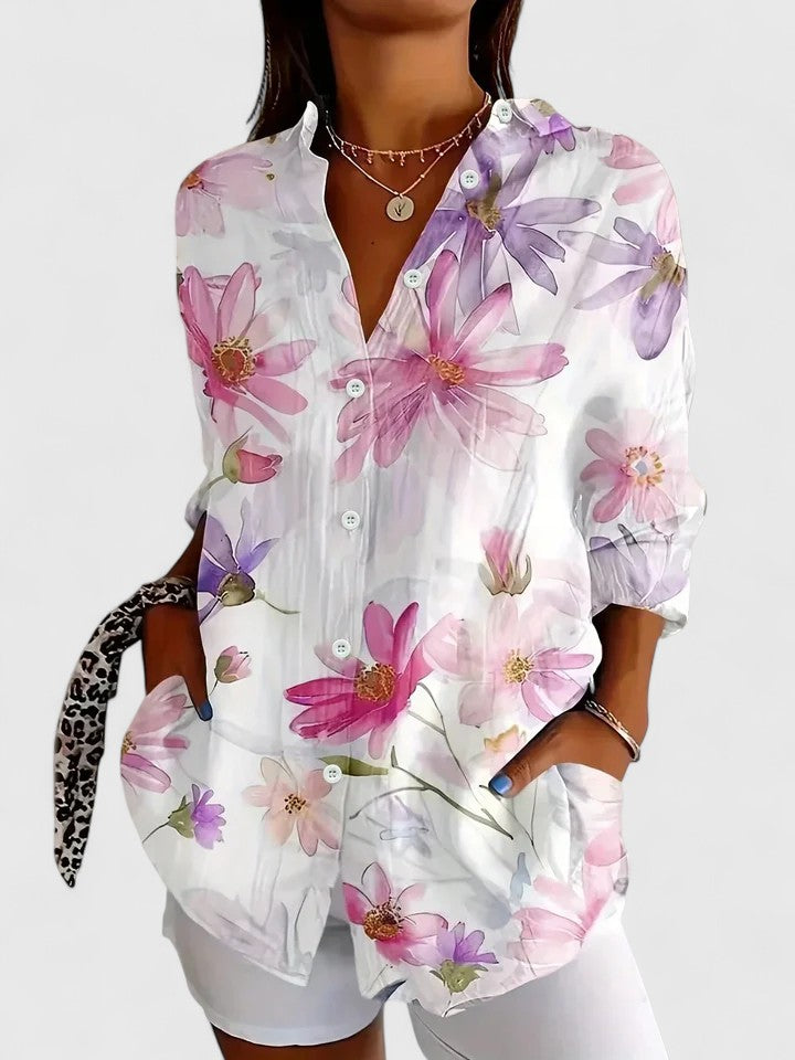 Vivette Sanclair | Colorful Floral Print Long Sleeve Button-Up Blouse