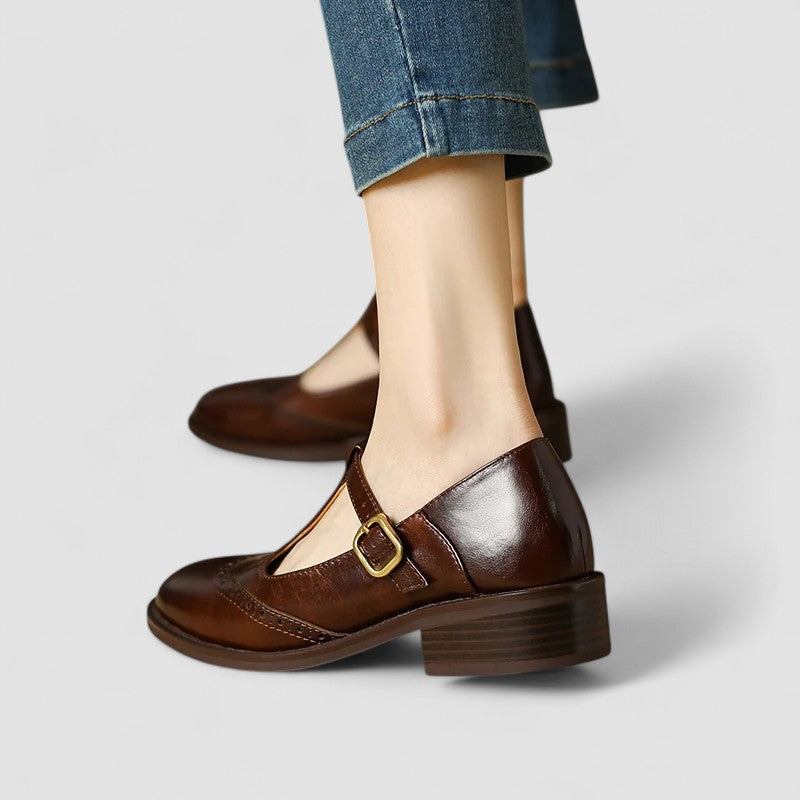 Aurelie Sinclair | Cream Leather T-Strap Brogue Mary Jane Flats