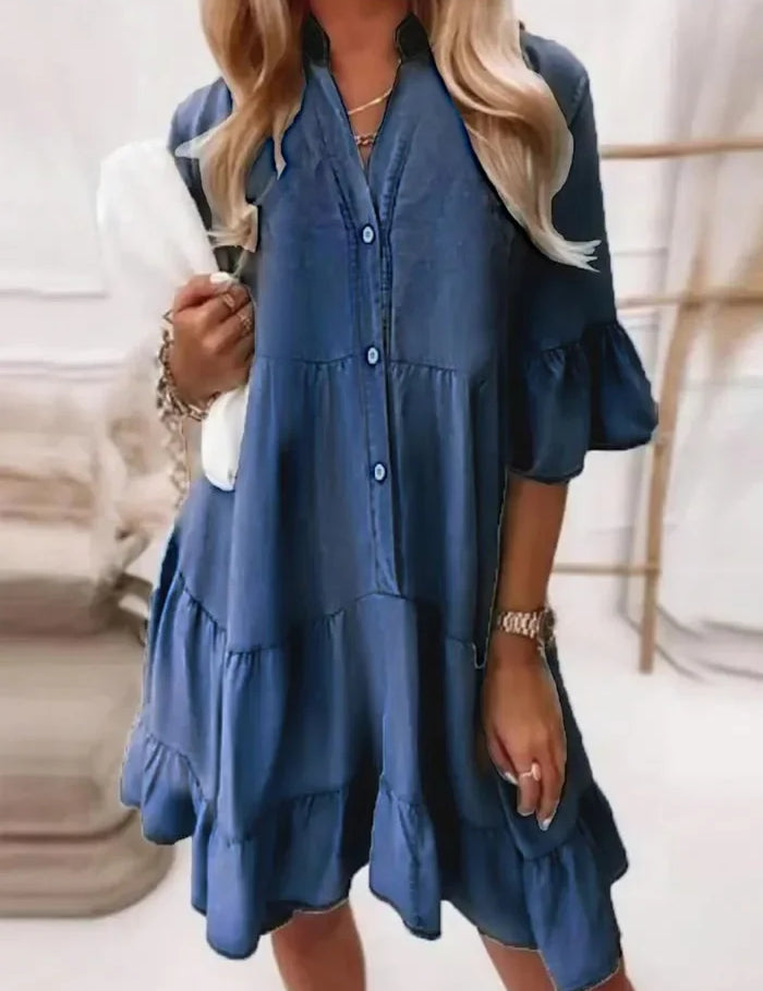 Colette Vanbrémont | Light Blue Tiered Ruffle Mini Dress Button-Down