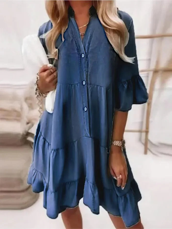 Colette Vanbrémont | Light Blue Tiered Ruffle Mini Dress Button-Down