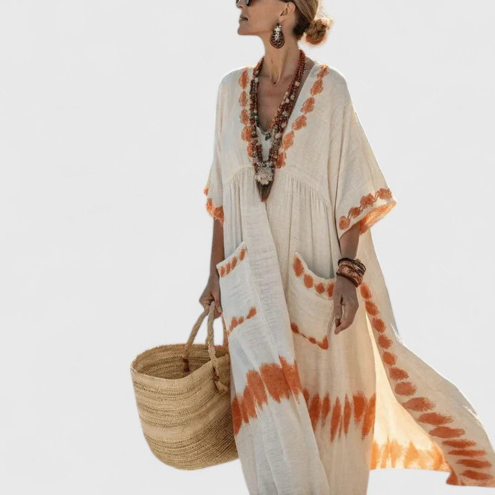 Evangeline Whitmore | V-Neck Striped Linen Maxi Dress with Pockets