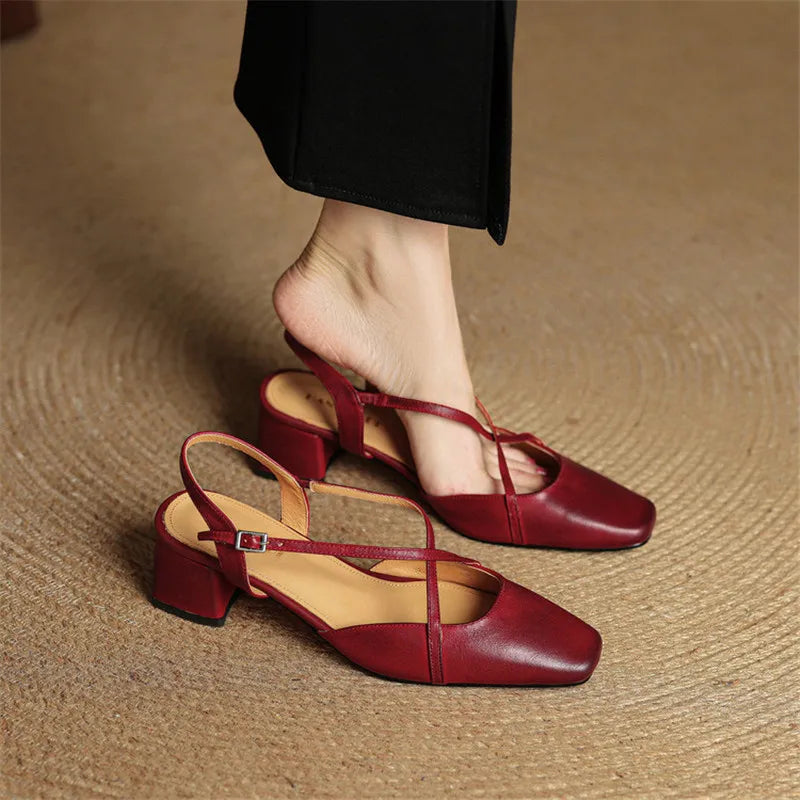 Loretta Fairmount | Red Leather Block Heel Slingback Sandals