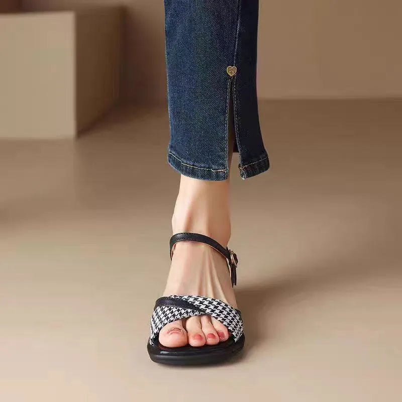 Corinna Beausoleil | Houndstooth Flat Ankle Strap Sandals