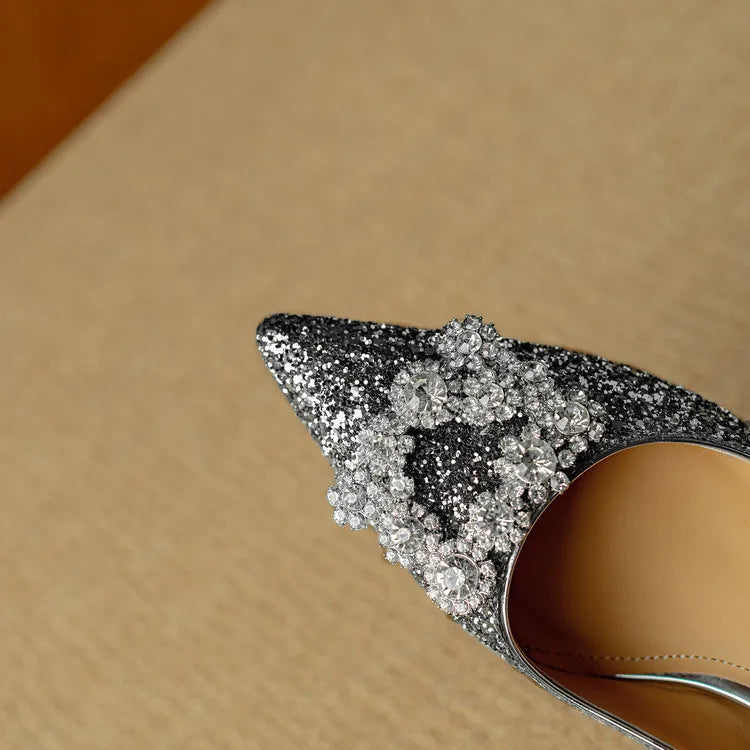 Estelle Ravenswood | Gold Glitter Block Heel Pumps with Crystal Buckle