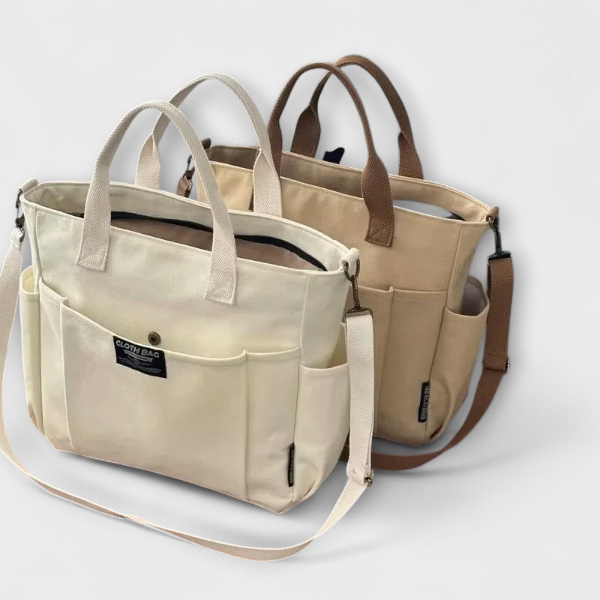 Cecilia Montfort | Beige Canvas Tote Shoulder Bag with Multi-Pockets