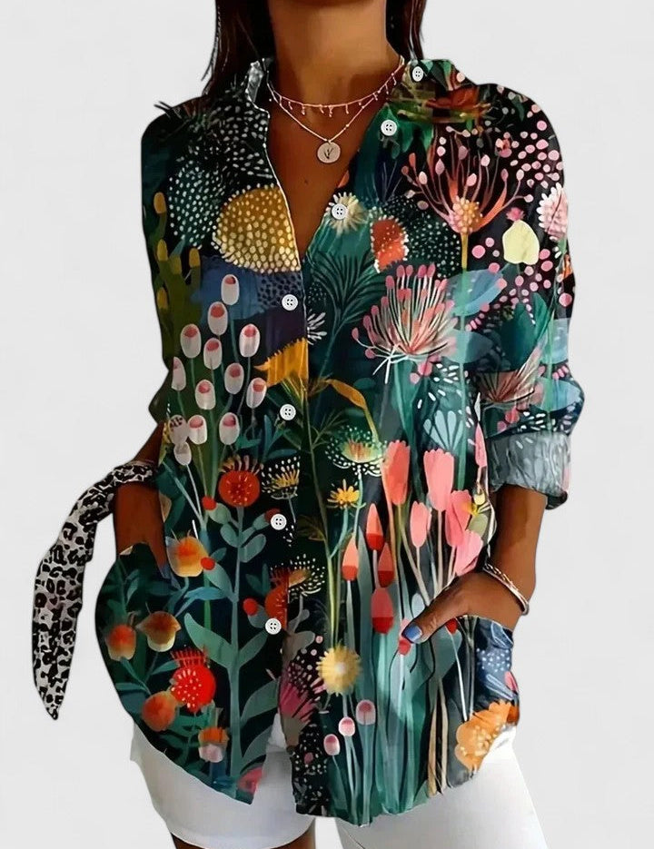 Vivette Sanclair | Colorful Floral Print Long Sleeve Button-Up Blouse