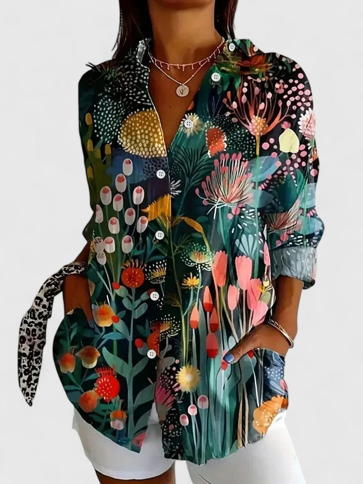 Vivette Sanclair | Colorful Floral Print Long Sleeve Button-Up Blouse