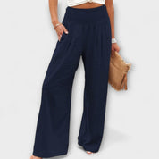 Roseline Beaupré | Coral Wide-Leg Linen Trousers with Smocked Waist