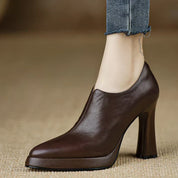 Veronique Stanhope | Women's Platform Block Heel Pump with Side Zipper in Brown