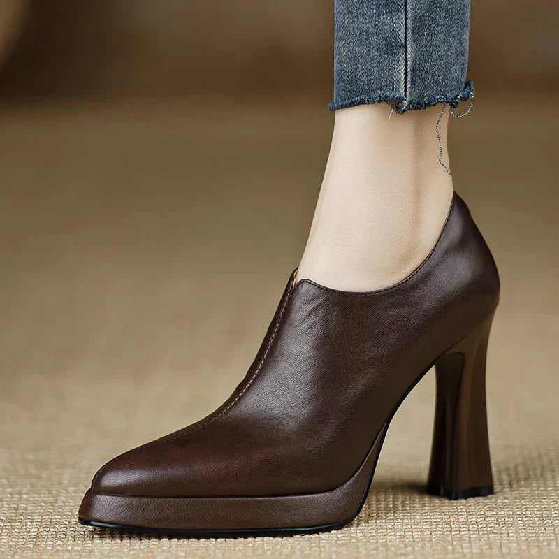 Veronique Stanhope | Women's Platform Block Heel Pump with Side Zipper in Brown