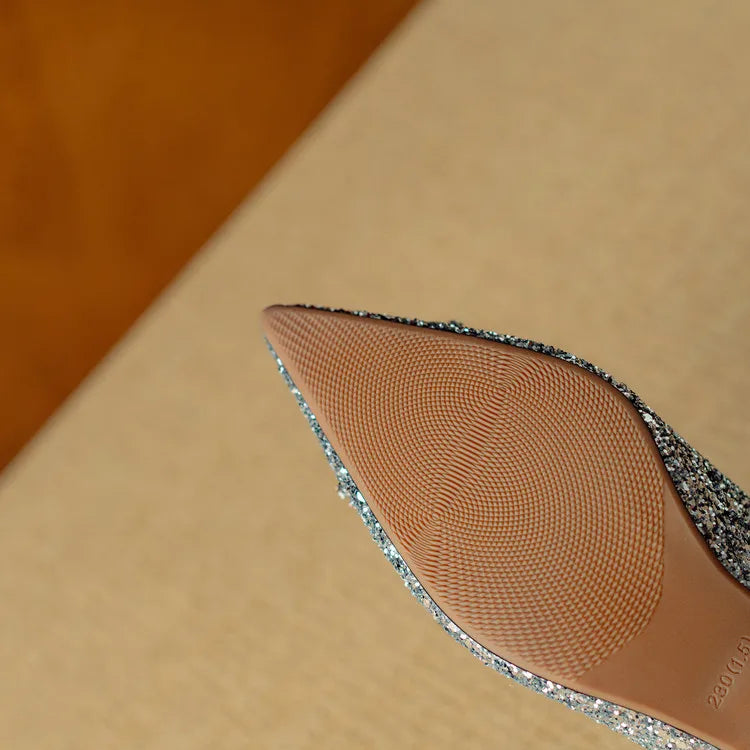 Estelle Ravenswood | Gold Glitter Block Heel Pumps with Crystal Buckle