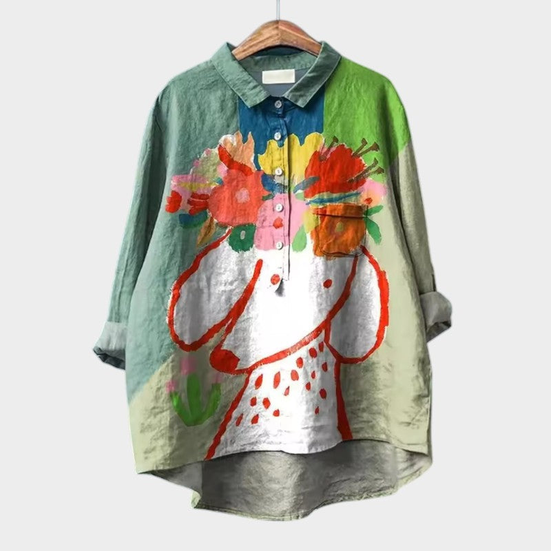 Lisette Fontvielle | Purple Cartoon Dog Print Linen Blouse