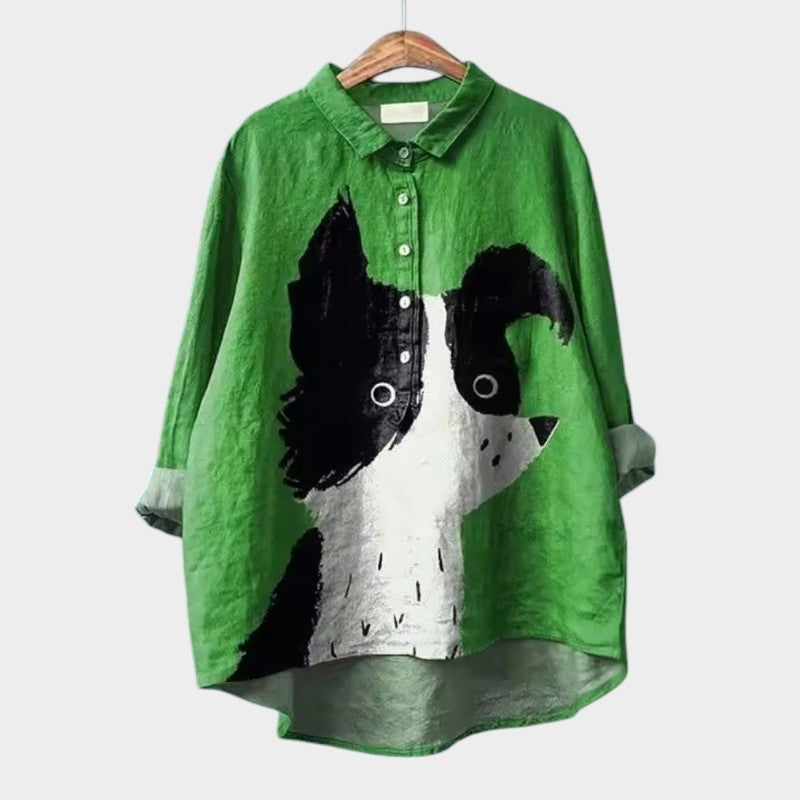 Lisette Fontvielle | Purple Cartoon Dog Print Linen Blouse