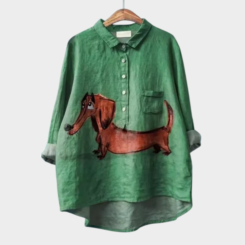 Lisette Fontvielle | Purple Cartoon Dog Print Linen Blouse
