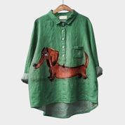 Lisette Fontvielle | Purple Cartoon Dog Print Linen Blouse