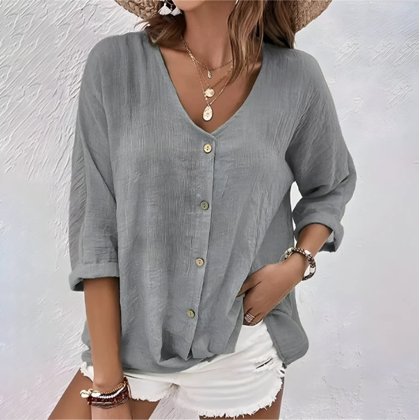 Lucinda Fairvaux | Sage Green V-Neck Button-Up Linen Blouse