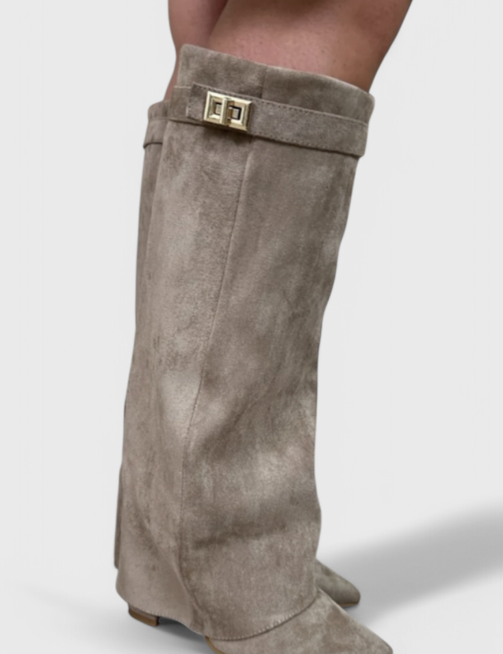 Simone Delacourt | Cream Suede Fold-Over Knee-High Boots