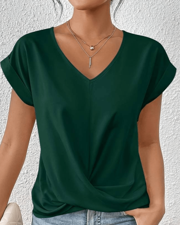 Lorette Vanderwood | Women's V-Neck Twist Front Cap Sleeve Top in Forest Green