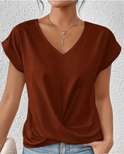 Lorette Vanderwood | Women's V-Neck Twist Front Cap Sleeve Top in Forest Green