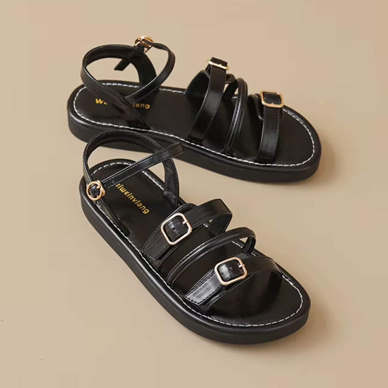 Genevieve Fontaine | Brown Leather Triple-Buckle Gladiator Sandals