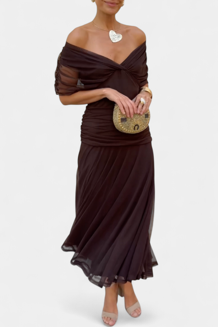 Seraphina Dunvale | Brown Off-Shoulder Ruched Maxi Dress