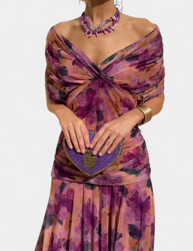 Seraphina Dunvale | Brown Off-Shoulder Ruched Maxi Dress