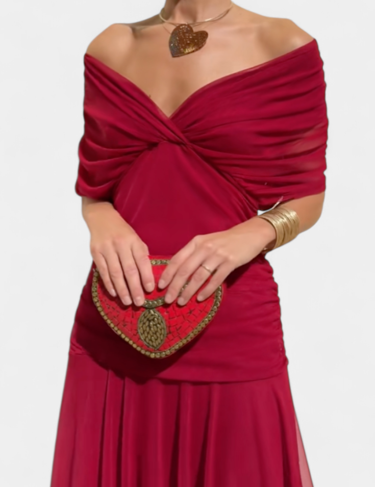 Seraphina Dunvale | Brown Off-Shoulder Ruched Maxi Dress