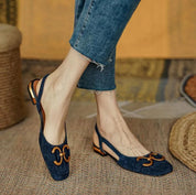 Mirielle Fonsworth | Navy Blue Suede Slingback Sandals with Gold Buckle