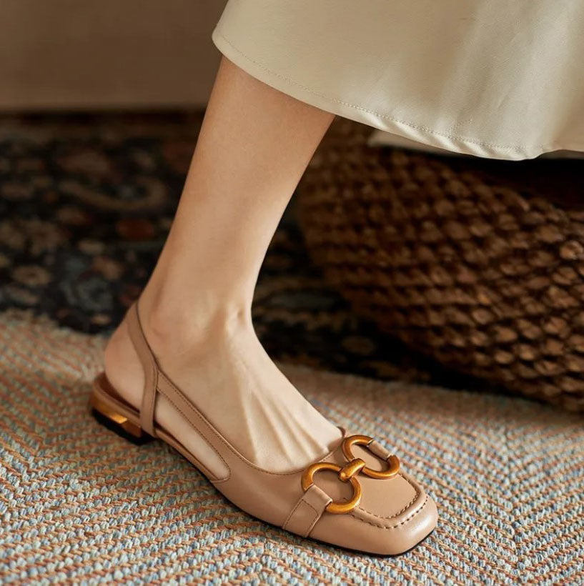 Mirielle Fonsworth | Navy Blue Suede Slingback Sandals with Gold Buckle