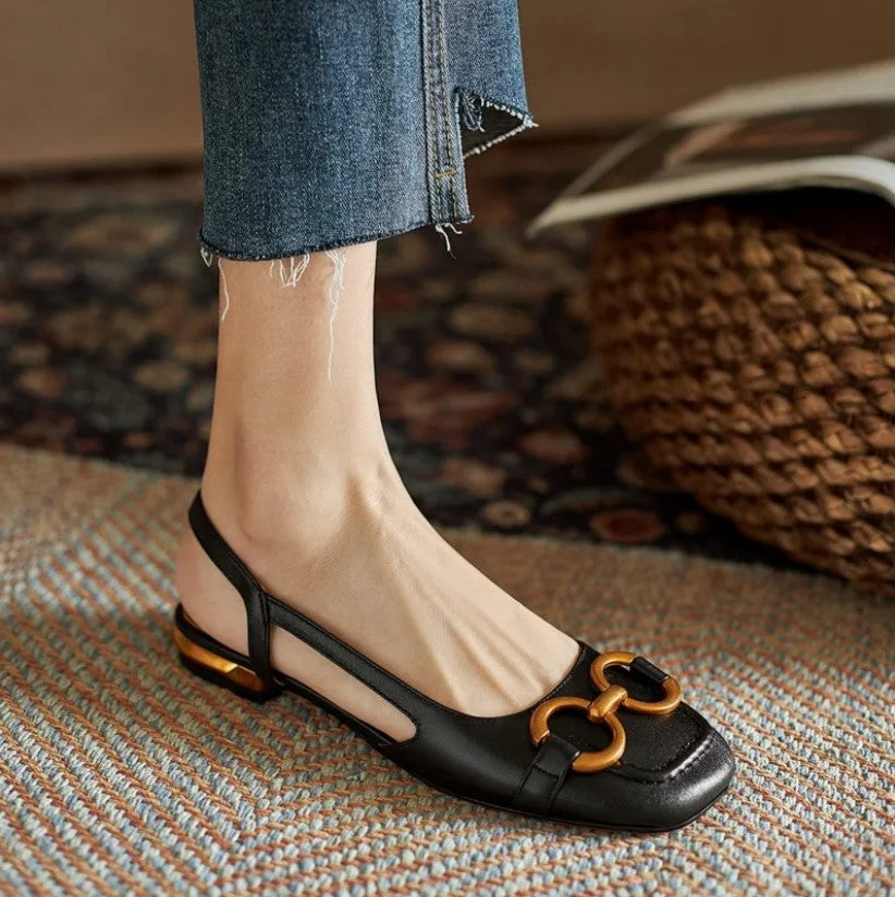 Mirielle Fonsworth | Navy Blue Suede Slingback Sandals with Gold Buckle