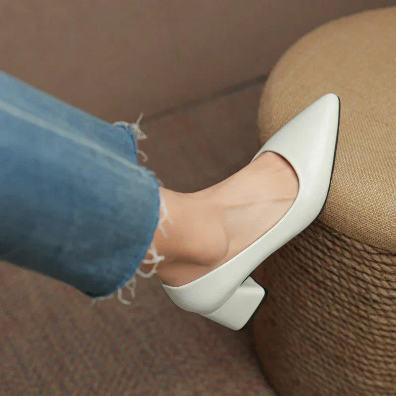 Marguerite Holsworth | White Block Heel Pointed-Toe Pumps