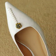 Rosanne Castellfort | Burgundy Leather Pointed-Toe Heels with Gold Rose Detail