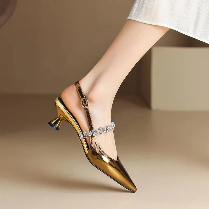 Cosette Wyndham | Silver Crystal Strap Slingback Pointed Toe Heels