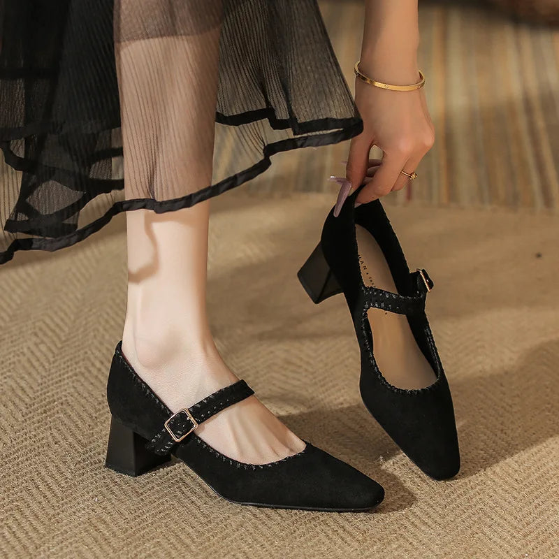 Elaine Beauchêne | Suede Mary Jane Block Heel in Brown