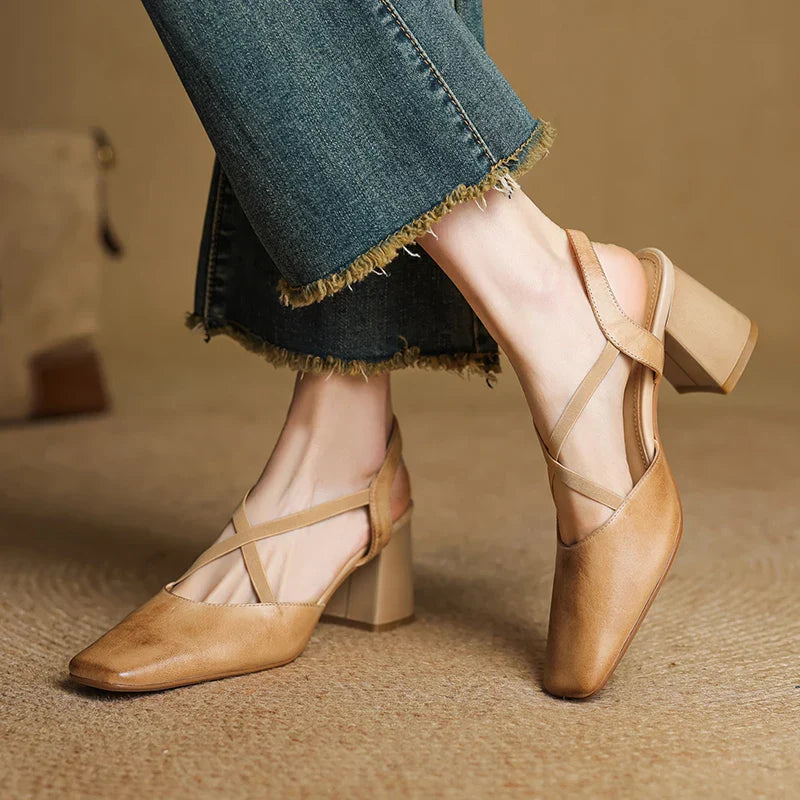 Celeste Dunmore | Tan Leather Block Heel Slingback Sandal
