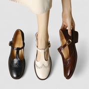 Aurelie Sinclair | Cream Leather T-Strap Brogue Mary Jane Flats