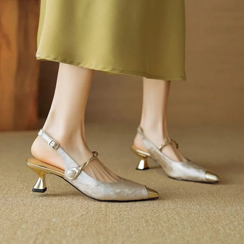 Vivienne Saintcourt | Green Floral Jacquard Pearl Strap Slingback Kitten Heel