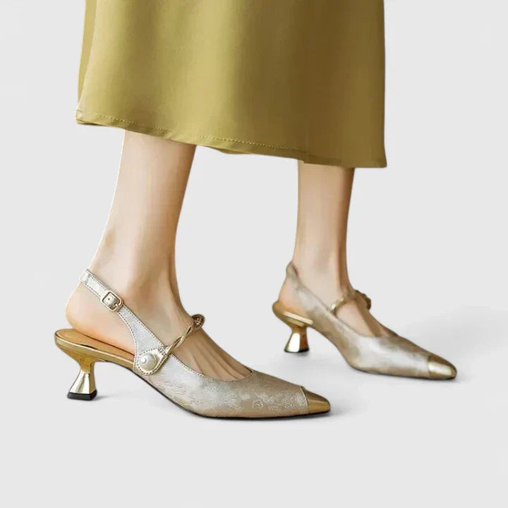 Rosalind Fontenay | Green Floral Jacquard Kitten Heel Slingback with Pearl Strap