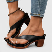 Céleste Fonrouge | Black Block Heel Thong Platform Sandals