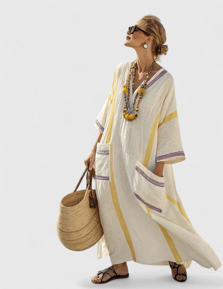 Célimène Ravensford | White Striped V-Neck Maxi Dress
