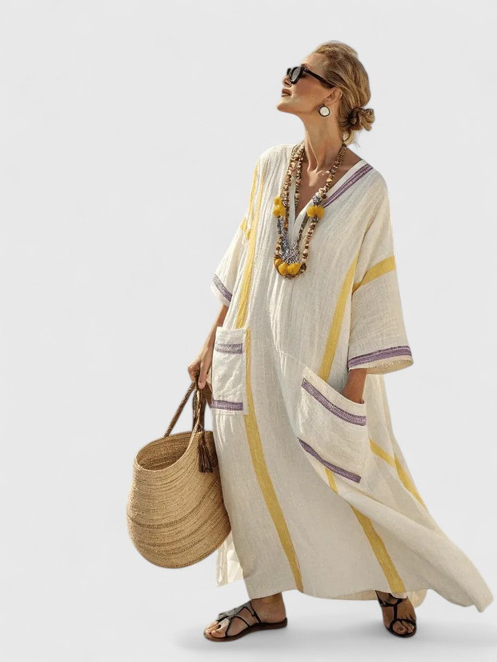 Célimène Ravensford | White Striped V-Neck Maxi Dress