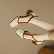 Vivienne Dawnfort | Cream Perforated T-Strap Block Heel Pumps