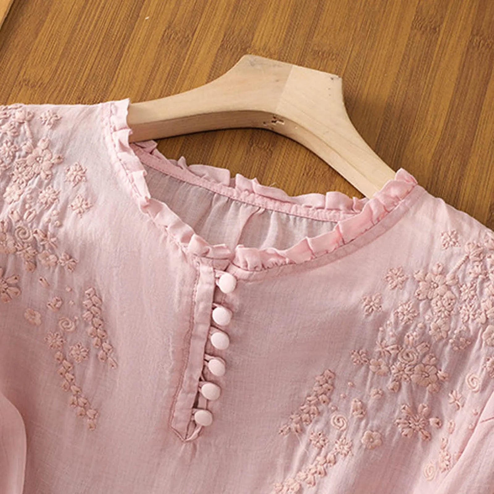 Evangeline Thornmere | Light Blue Embroidered Linen Blouse